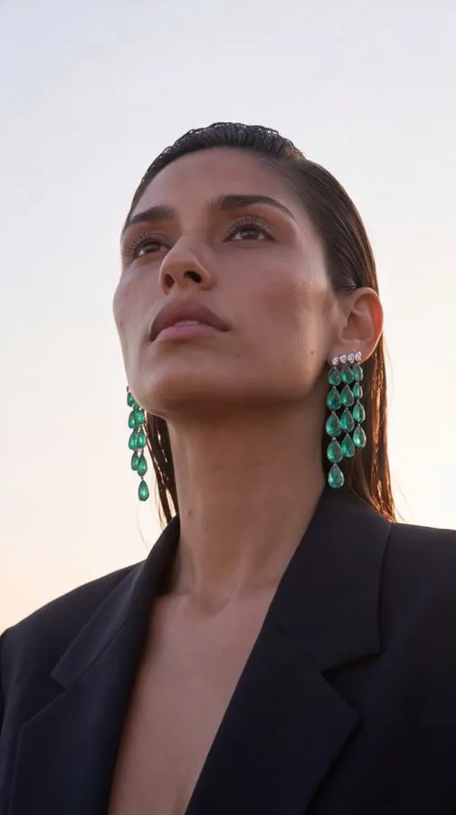 Emerald drop chandelier earrings on a model in a black blazer at golden hour